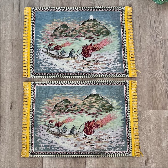 Vintage 2 Japanese Woven Silk Tapestry Wall Hanging Table Cloth Placemats - Mint - Picture 1 of 7